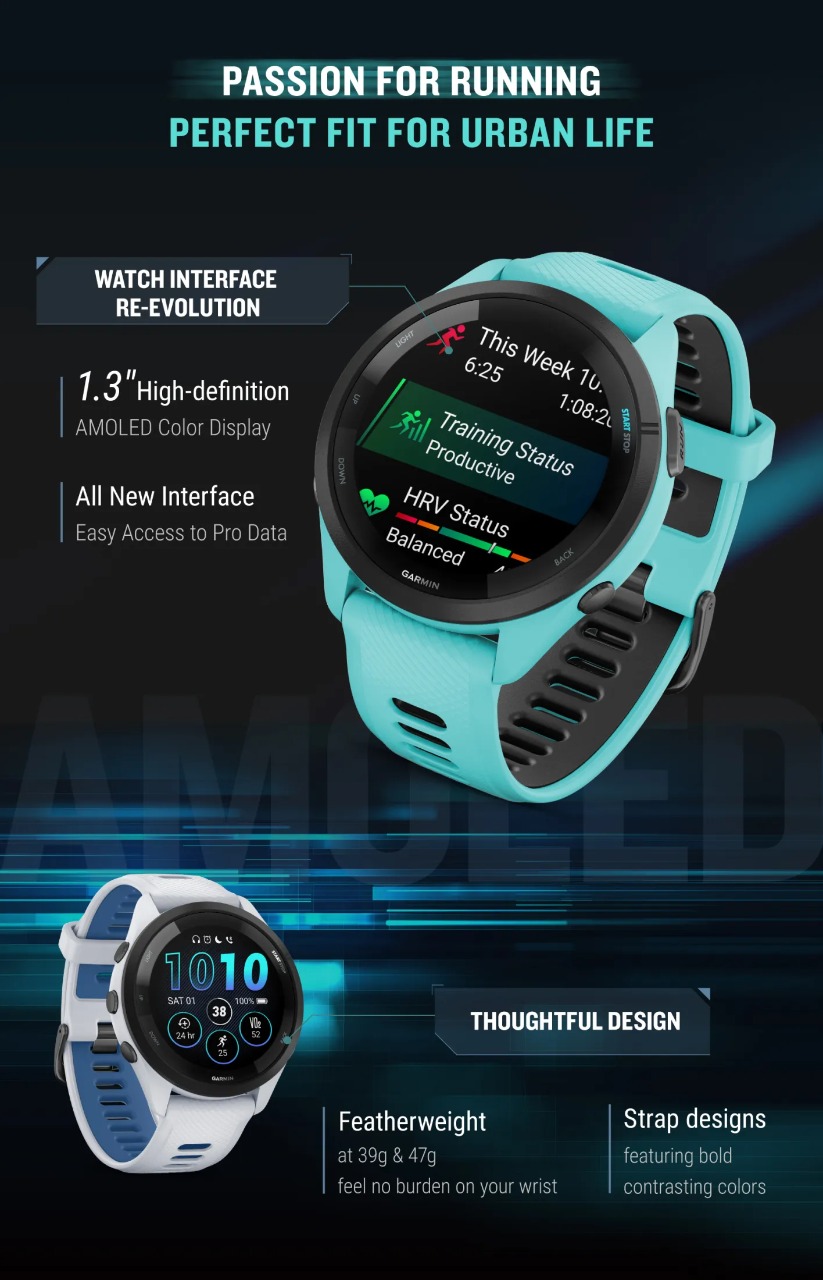 Garmin Forerunner 265 和 265s GPS 跑步智能手表，配备 AMOLED 显示屏